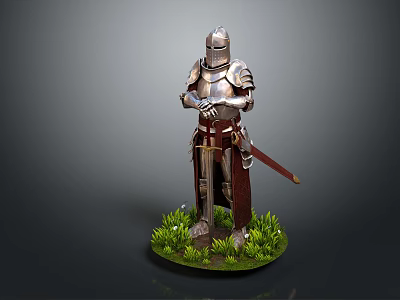 Silver Medieval Knight Armor Statue With Red Cape Standing On Green Grass 3d model