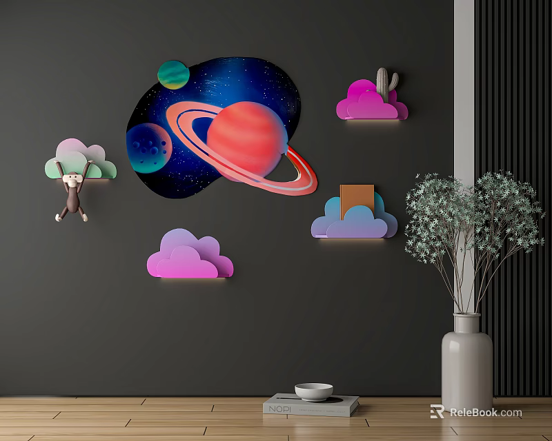 Creative Wall Decorations with Starry Sky Planets Clouds and Animal Shapes on Dark Gray Wall 3d model 