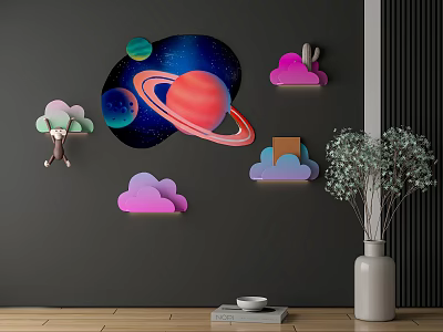 Creative Wall Decorations with Starry Sky Planets Clouds and Animal Shapes on Dark Gray Wall 3d model