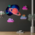 Creative Wall Decorations with Starry Sky Planets Clouds and Animal Shapes on Dark Gray Wall