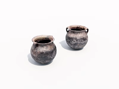 Two Vintage Handcrafted Ceramic Pots With Textured Surface Handles On White Background 3d model