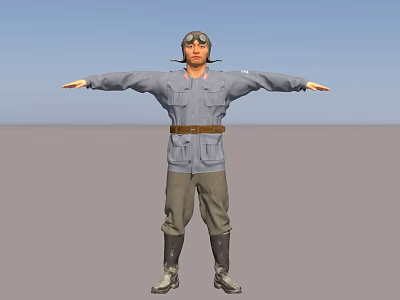 Man Wearing Gray Uniform With Aviator Hat Goggles And Brown Belt Arms Outstretched 3d model