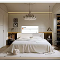 Modern Minimalist Bedroom Interior With White Bedding Chandelier Desk And Striped Headboard