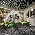 Modern Sales Office Interior Design With Wooden Walls Marble Staircase Ceiling Lights And Greenery