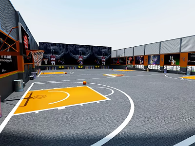 Indoor Basketball Gym With Yellow Court Markings And Basketball On Ground 3d model