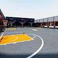 Indoor Basketball Gym With Yellow Court Markings And Basketball On Ground