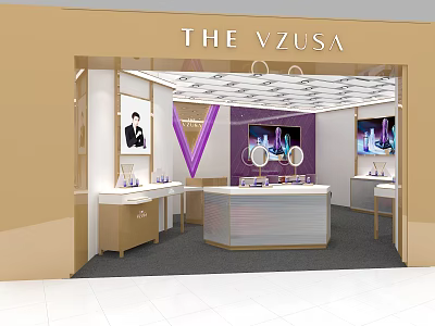 Modern THE VZUSA Store Interior With Purple Decor Golden Counter And Display Shelves 3d model