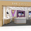 Modern THE VZUSA Store Interior With Purple Decor Golden Counter And Display Shelves