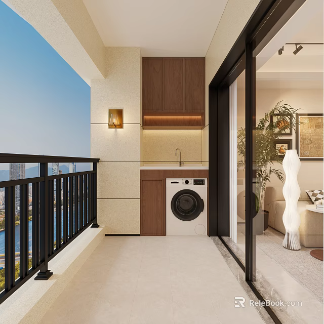 Modern Home Balcony Design With Washing Machine Wooden Cabinets Sink Plant And City View 3d model 