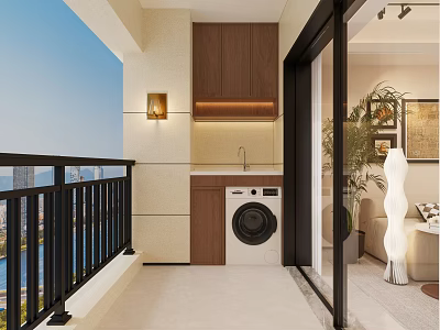 Modern Home Balcony Design With Washing Machine Wooden Cabinets Sink Plant And City View 3d model