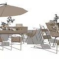 Outdoor Wooden Table And Rattan Chairs Set With Beige Umbrella And Decorative Vases