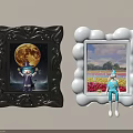 Creative Wall Decor With Black And White Frames Featuring Moon Flower Field And Hanging Figurines 3d model