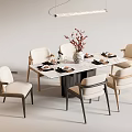 Modern Minimalist Dining Table Set With Chairs Tableware And Hanging Light 3d model