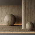 Wooden Floor In Minimalist Room With Wooden Spheres And Walls