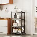 Iron Storage Rack In Modern Kitchen With Microwave Pots Fruits