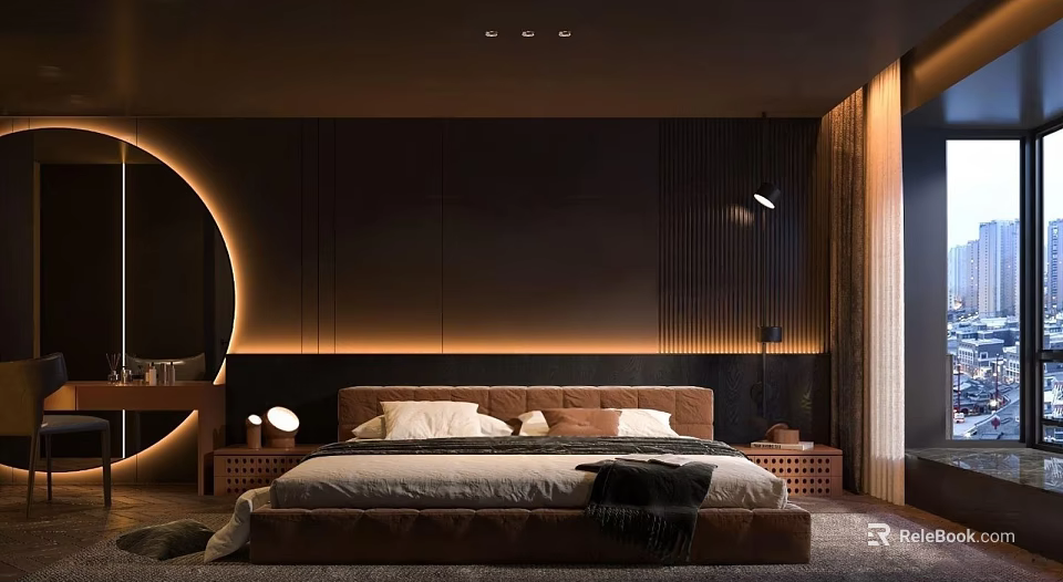 Modern Bedroom Interior With Illuminated Headboard Dark Walls Nightstands And Warm Lighting 3d model 