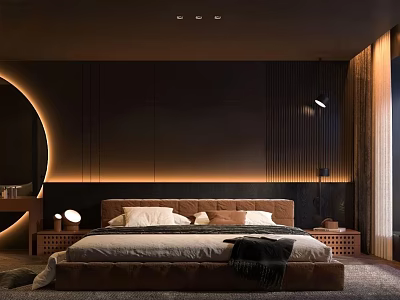 Modern Bedroom Interior With Illuminated Headboard Dark Walls Nightstands And Warm Lighting 3d model