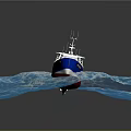 Red White and Blue Wooden Boat Sailing on Blue Waves with Deck and Mast