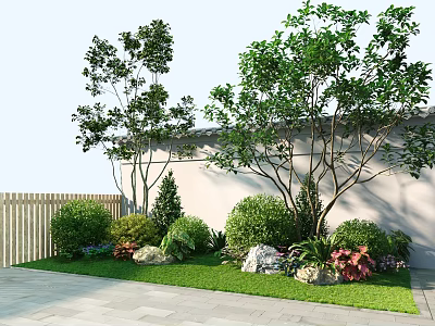 Lush Outdoor Garden Landscape With Green Bushes Lawn Stones Trees And Fence 3d model