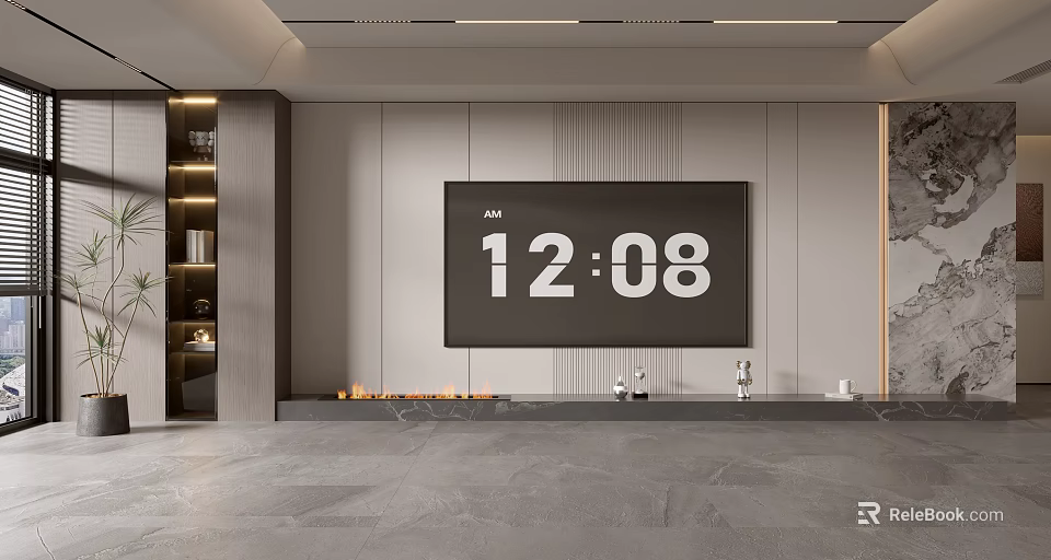 Modern Luxury Minimalist TV Wall With Gray Stone Fireplace LED Lighting And Storage Cabinet 3d model 