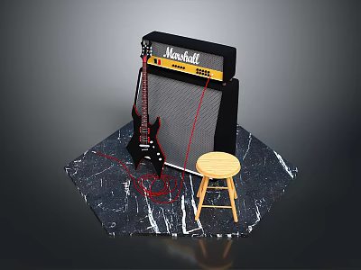 Marshall Electric Guitar Amplifier With Wooden Stool On Marble Surface 3d model