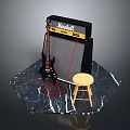 Marshall Electric Guitar Amplifier With Wooden Stool On Marble Surface