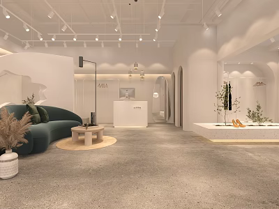 Modern Clothing Store Interior With Green Sofa Display Area And Decorative Plants 3d model