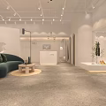 Modern Clothing Store Interior With Green Sofa Display Area And Decorative Plants