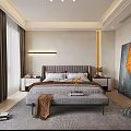 Modern Bedroom Interior Design With Comfortable Bed Bench Rug And Abstract Wall Art 3d model