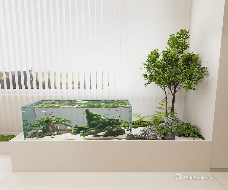 Aquarium Aquascape In Modern Interior With Plants Rocks And Tree 3d model 