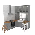 Modern Kitchen Interior With Gray Glass Door Cabinets Wooden Countertop White Brick Wall And Window