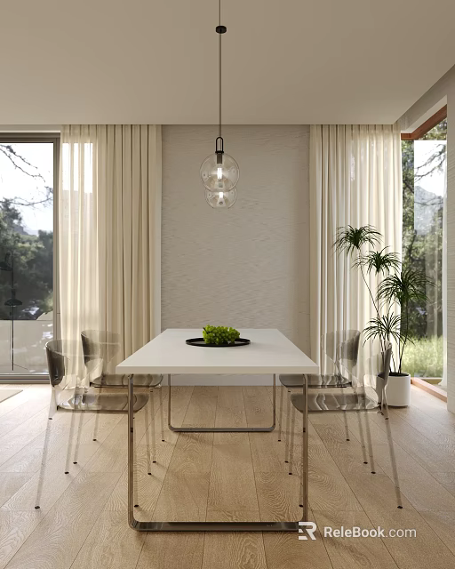 Modern Restaurant Interior With White Dining Table Hanging Pendant Light And Green Plants 3d model