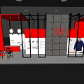 Modern Exhibition Booth With Red Black Frame Gray Concrete Wall White Counter And Bar Stools