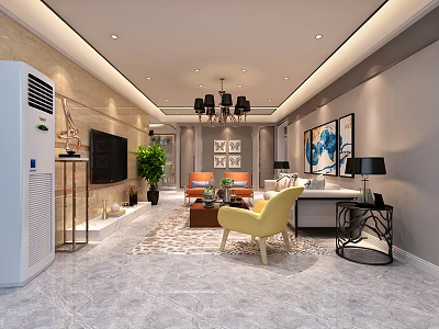 Modern Living Room Interior Design With Chandelier TV Orange Sofa And Yellow Armchair 3d model