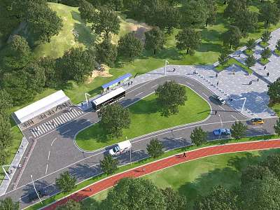 Scenic Park Landscape With Curved Road Green Lawns Trees Pedestrian Path And Bus Stop 3d model