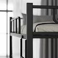 Modern Metal Bunk Bed With Gray Pillows Blanket Lower Bunk Wooden Desk Lamp Orange Wall White Curtains