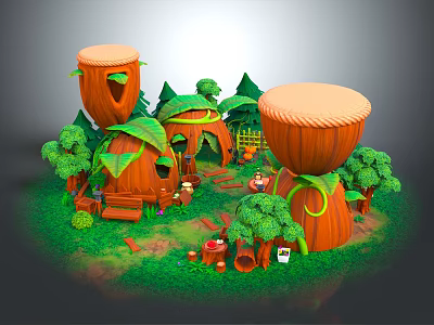 Cartoon Scene With Drum Shaped Wooden Treehouses Green Leaves Small Trees And Grass Pathway 3d model