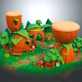 Cartoon Scene With Drum Shaped Wooden Treehouses Green Leaves Small Trees And Grass Pathway