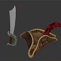 Brown Leather Pirate Hat With Red Feather And Metal Sword With Green Gem Handle