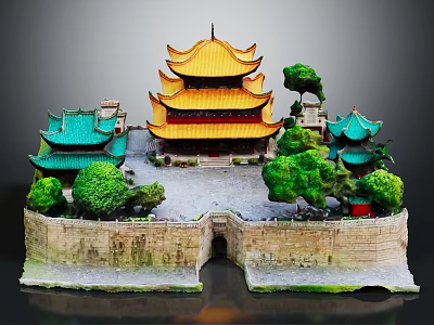 Ancient Chinese Architecture With Yellow Multi Tiered Roof Green Roof Buildings And Stone Walls 3d model