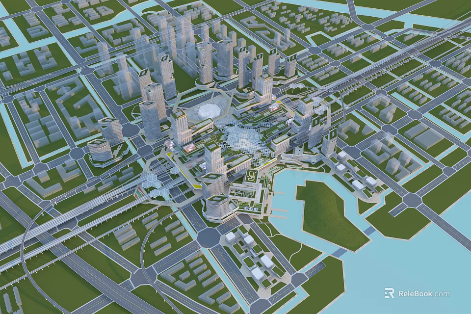 Modern Urban City Planning With Skyscrapers Water Bodies Green Spaces And Road Networks 3d model 