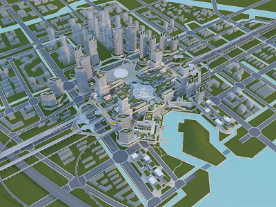 Modern Urban City Planning With Skyscrapers Water Bodies Green Spaces And Road Networks 3d model