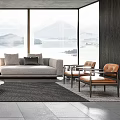 Modern Gray Sofa Glass Coffee Table Set In Living Room With Accent Pillows Scenic View