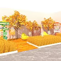Autumn Themed Photo Check in Spot With Golden Rice Fields Yellow Trees And Decorations