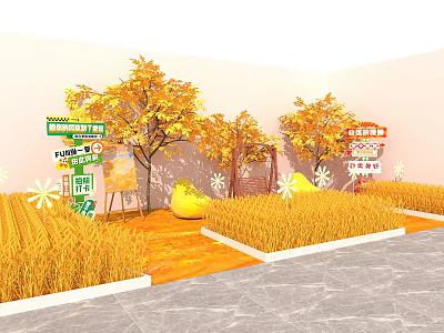 Autumn Themed Photo Check in Spot With Golden Rice Fields Yellow Trees And Decorations 3d model