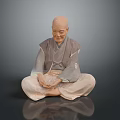 Bald Elderly Man Sitting Cross Legged In Traditional Robe With Hands Resting Lap