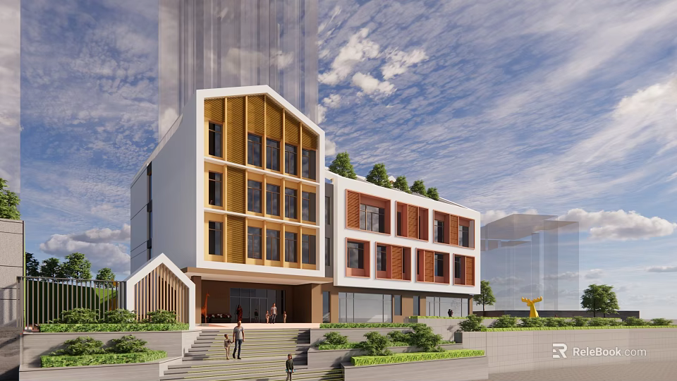 Modern Multi Story Building With White Wooden Facade Large Windows Steps Greenery And Blue Sky 3d model 