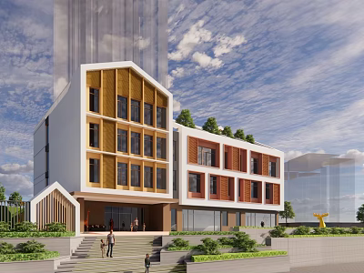 Modern Multi Story Building With White Wooden Facade Large Windows Steps Greenery And Blue Sky 3d model