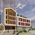 Modern Multi Story Building With White Wooden Facade Large Windows Steps Greenery And Blue Sky