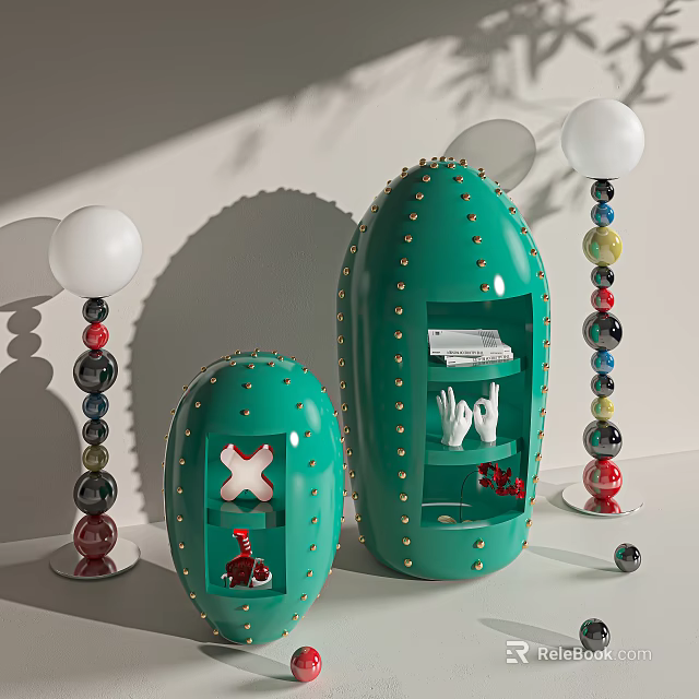Stylish Green Oval Decorative Cabinet With Studs Books And Decorations Near Lamps 3d model 
